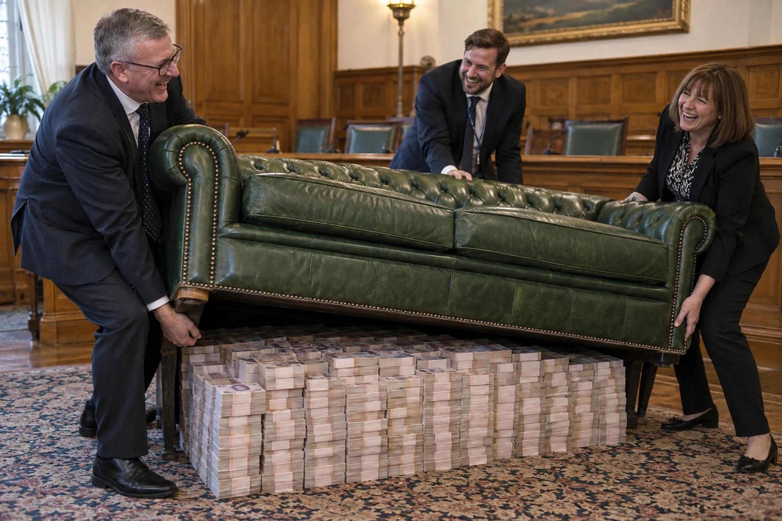 Three laughing public sector officials lift a green leather sofa to reveal a large stack of blank note shapes.