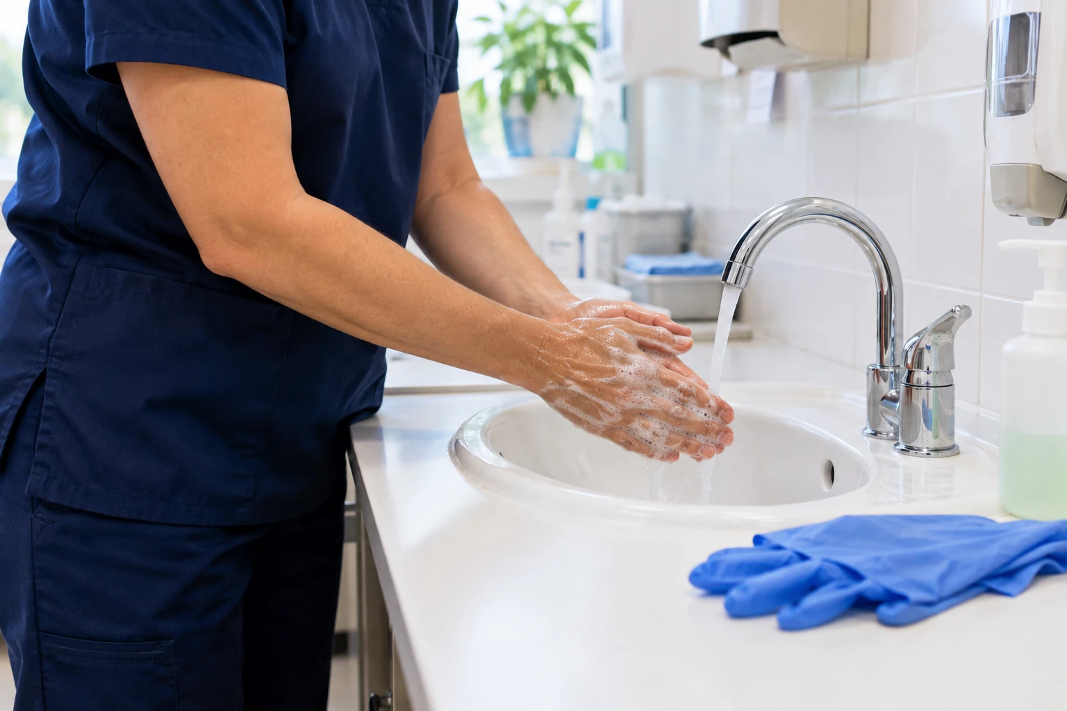 An adult clinician washes bare hands with soap and water beside unused disposable gloves.