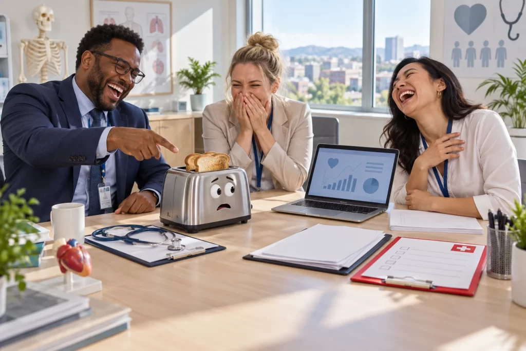 Three fictional healthcare policy workers clearly laugh as a toaster sits beside a medical consultation clipboard.