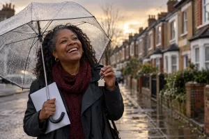Original editorial photograph of one laughing Black woman with an unmarked house-shaped keyring and blank folded printout on a rainy residential street, with no other people
