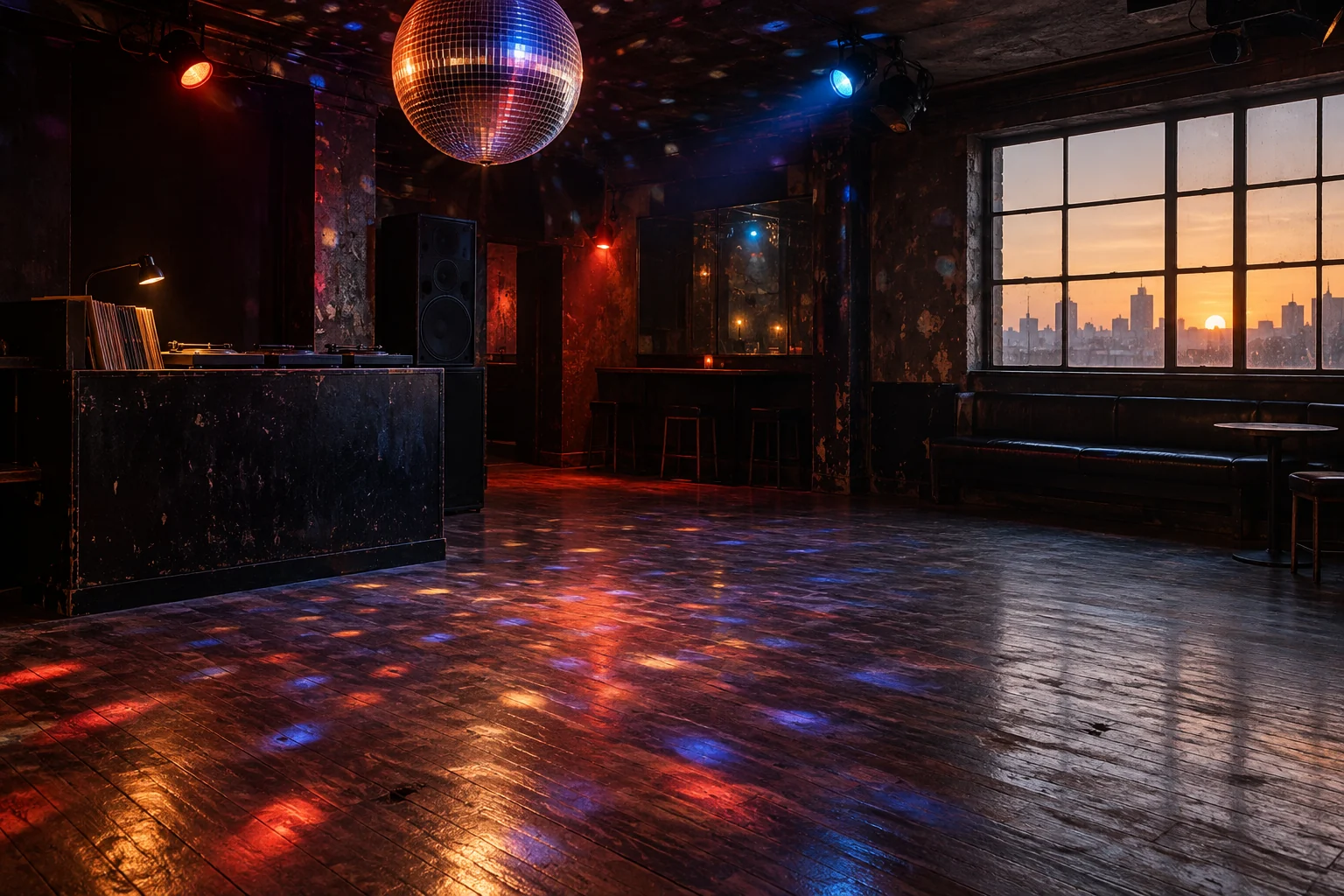 An empty late 1990s style dance floor glows beneath a mirrored disco ball as dawn appears through club windows.