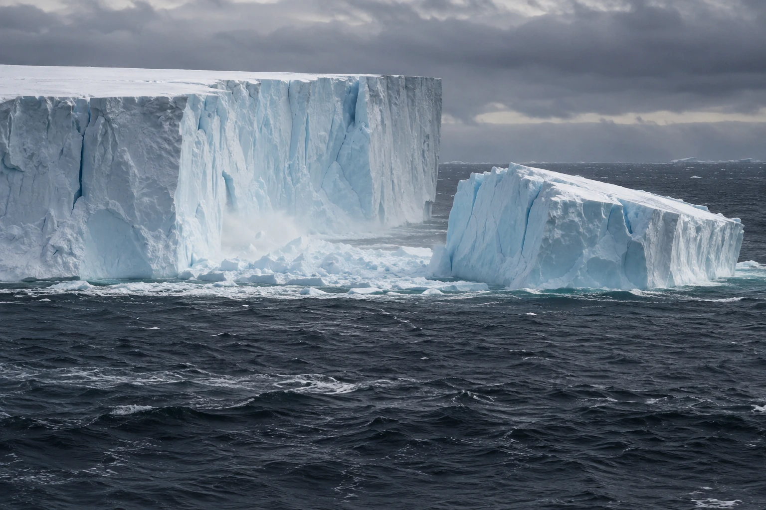 A newly separated slab of pale blue ice floats beside a colossal Antarctic iceberg in dark choppy ocean water.