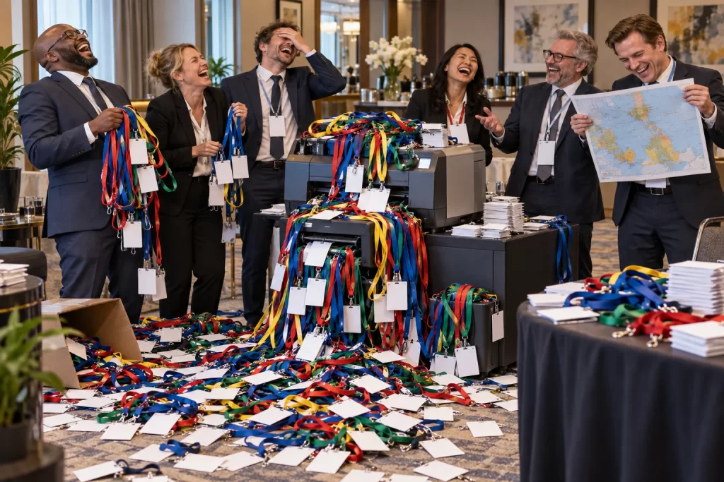 Six fictional trade delegates laugh around overloaded lanyard printers in a hotel meeting room as blank badges cover the floor.