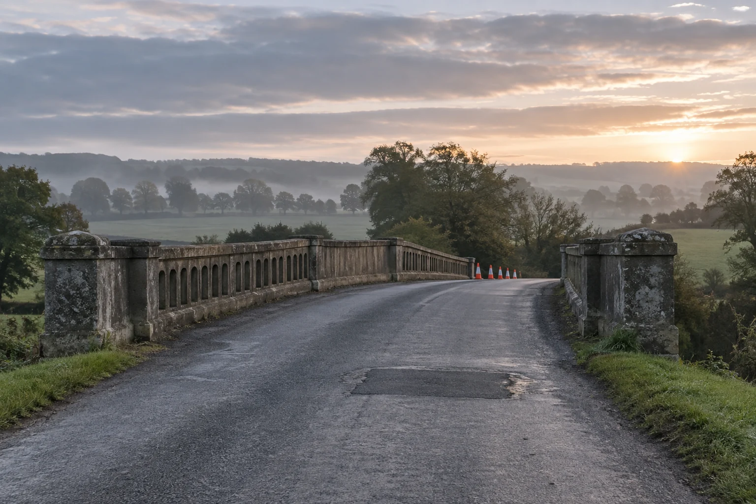 A weathered rural bridge carries an empty road past a shallow repaired section and plain safety cones.