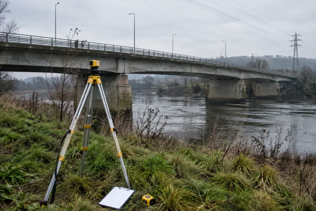 A survey tripod and blank clipboard sit beside a concrete bridge crossing a river under an overcast sky.