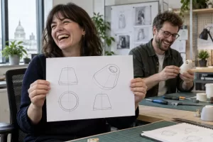 Two laughing designers in fictional Intellectual Property Office corporate plan 2026 2027 workshop