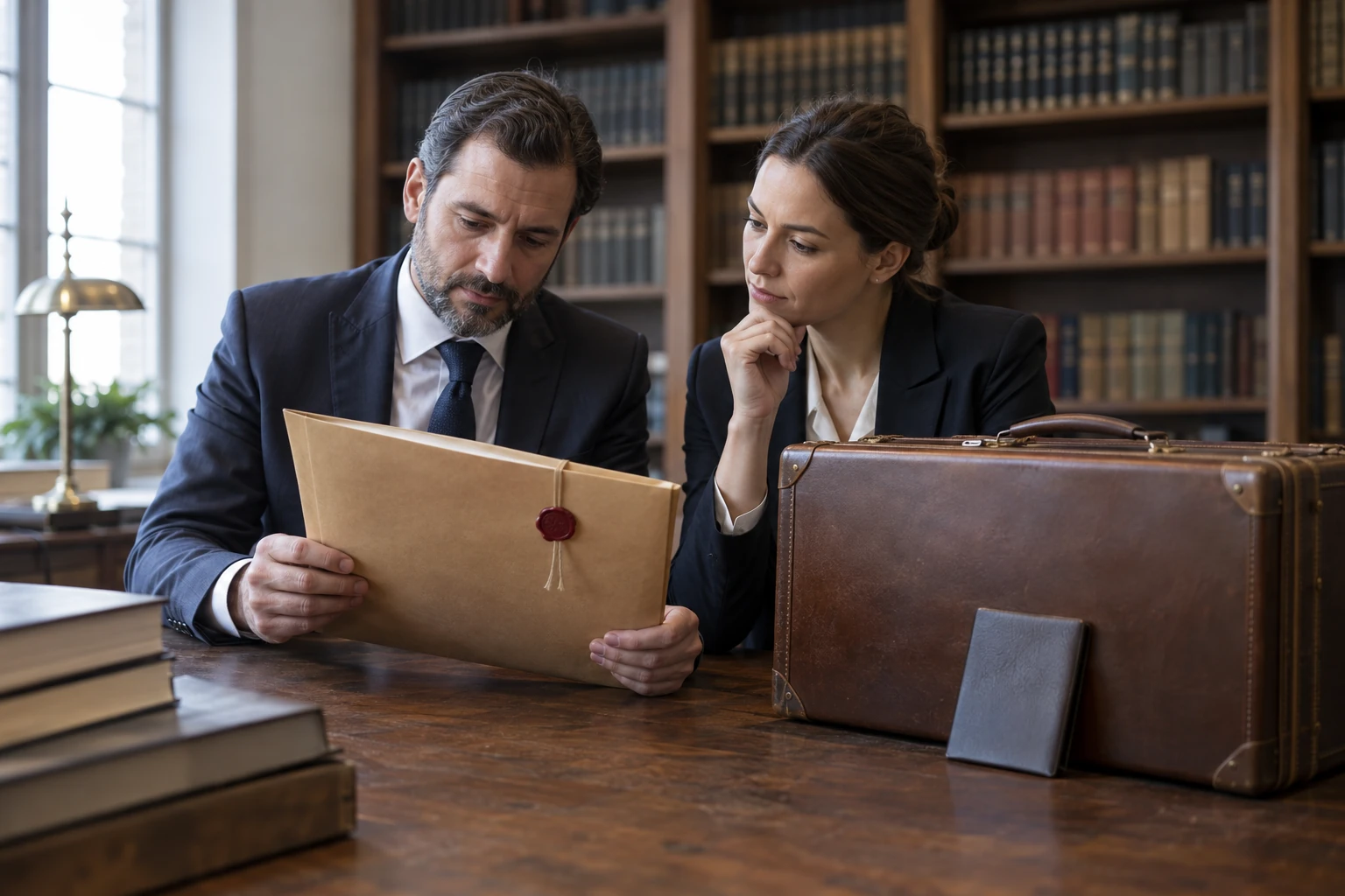 Legal professionals reviewing a sealed case file beside a travel suitcase in a law library