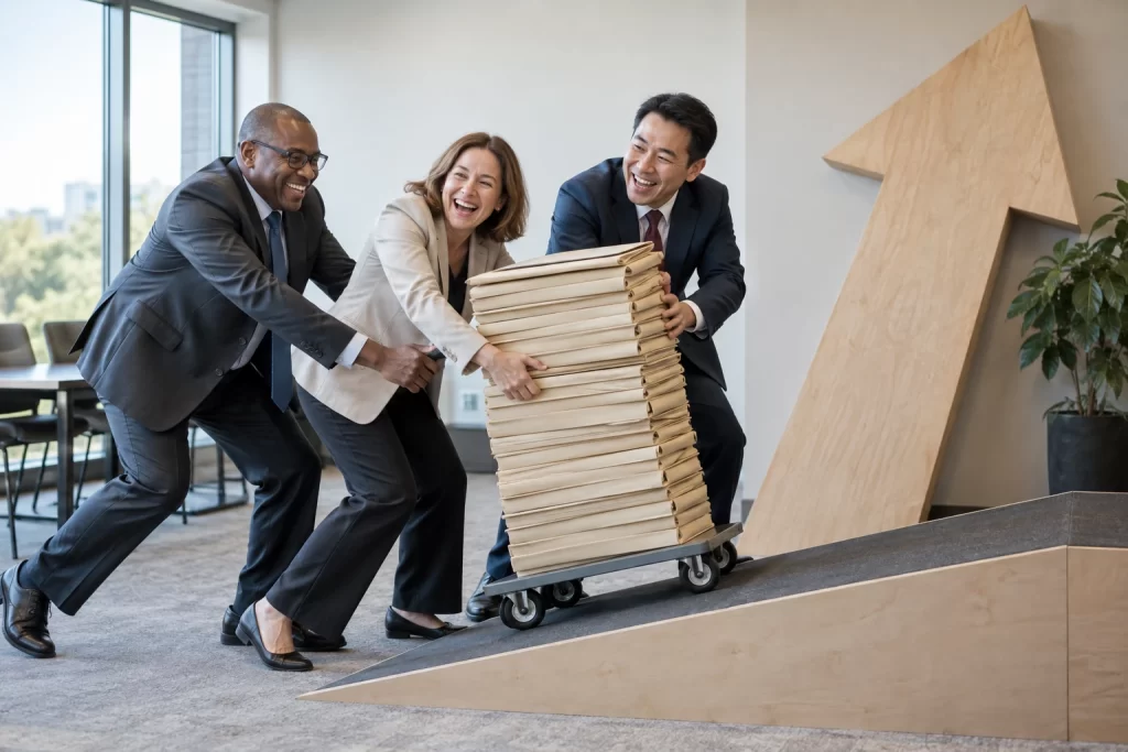Three laughing international delegates push a tall stack of blank folders up a small ramp beside a giant wooden arrow.