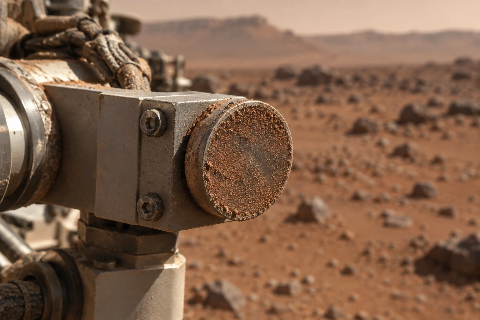 A dust covered circular magnet sits on the arm housing of a Mars rover above the red rocky surface.