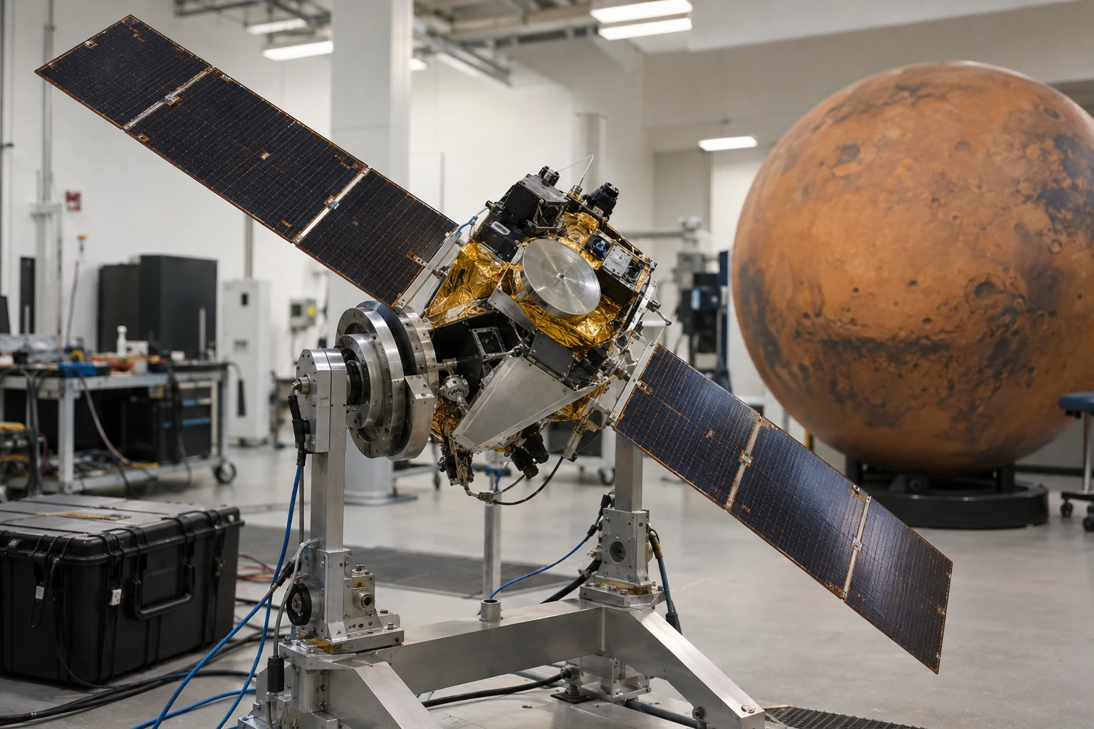 An unbranded Mars orbiter model rolls on a test gimbal in an aerospace laboratory beside a Mars globe.