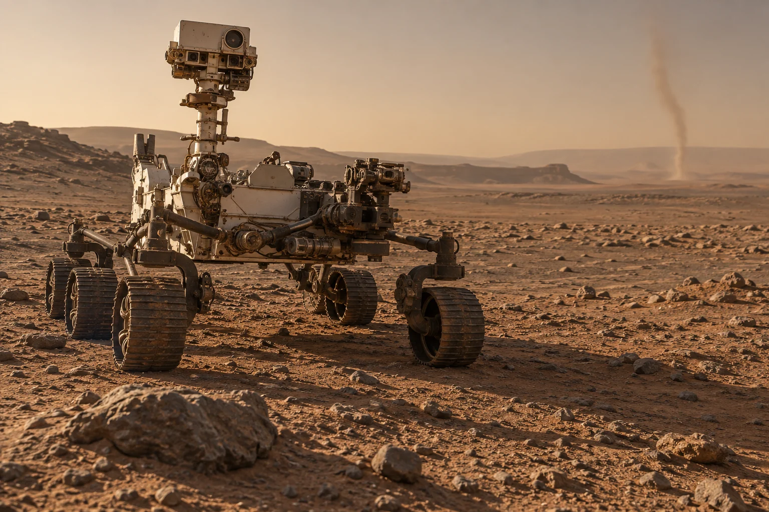 A Mars rover stands on a rocky plain as a dust devil rises on the distant horizon.