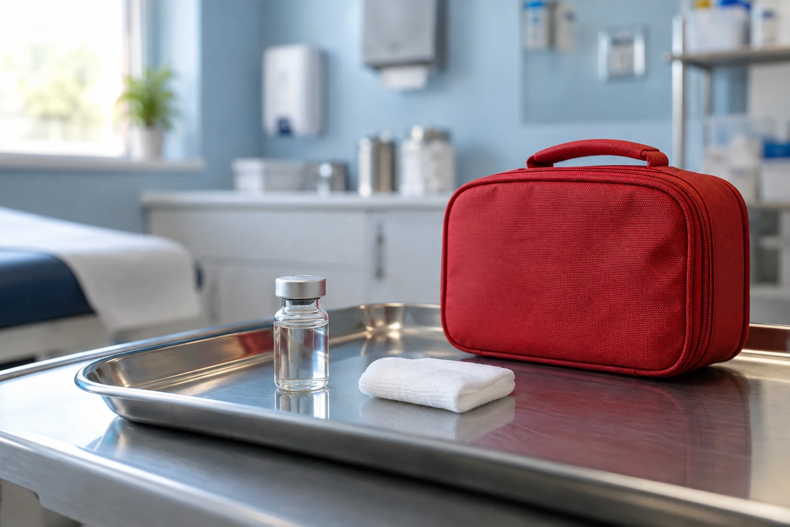 A plain vaccine vial and a red children's travel case rest in a quiet clinic.