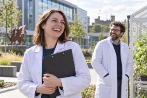 Two laughing regulatory scientists at fictional MHRA Wales life sciences engagement 2026 campus
