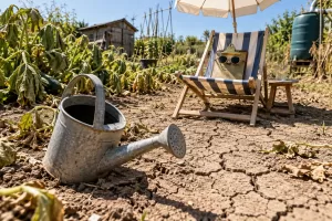 Empty watering can and clipboard in a deckchair for fictional National Drought Group summer 2026 editorial photograph