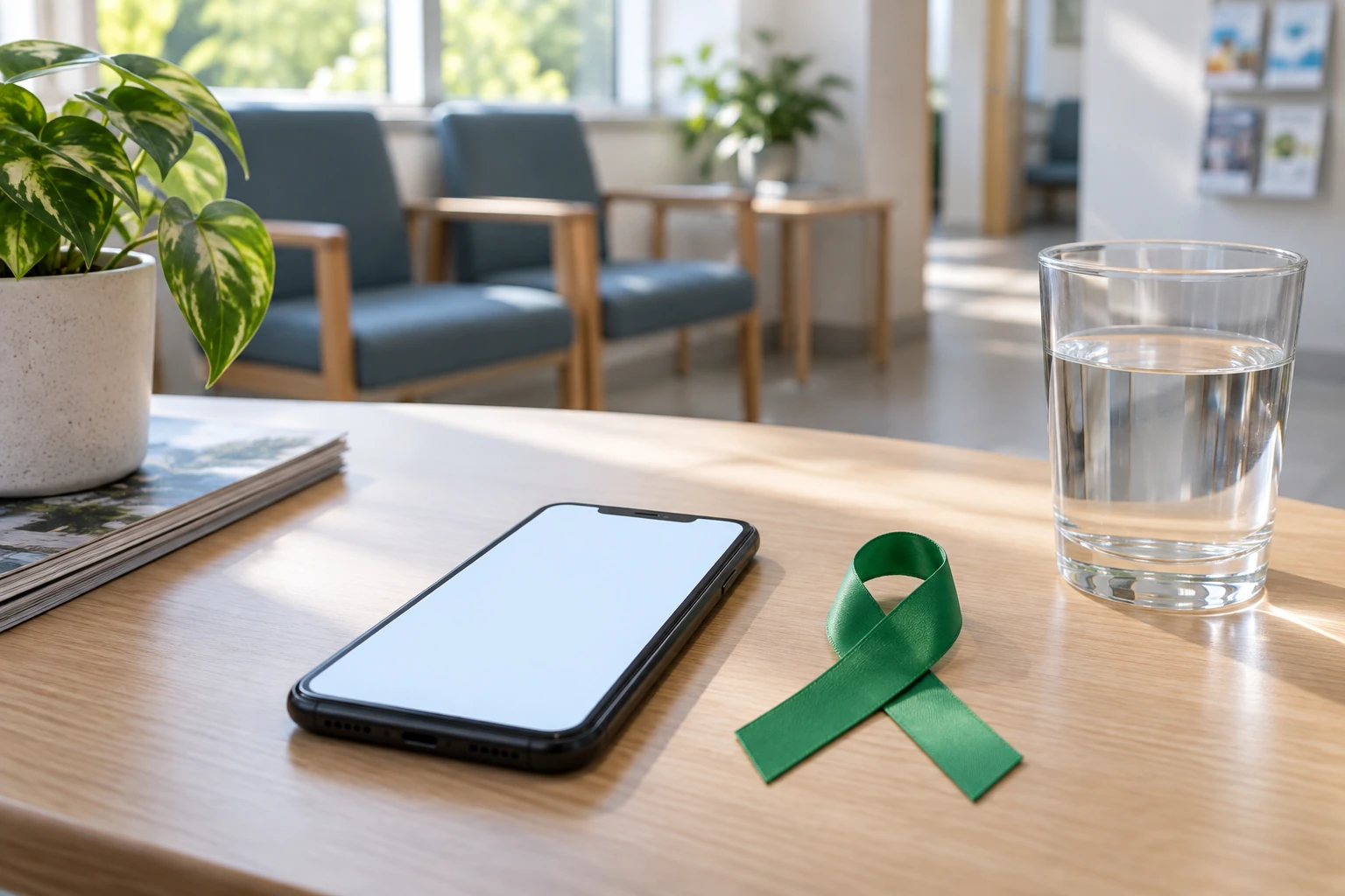 A plain smartphone with a blank glowing screen sits beside a green support ribbon and water glass in a clinic waiting room.