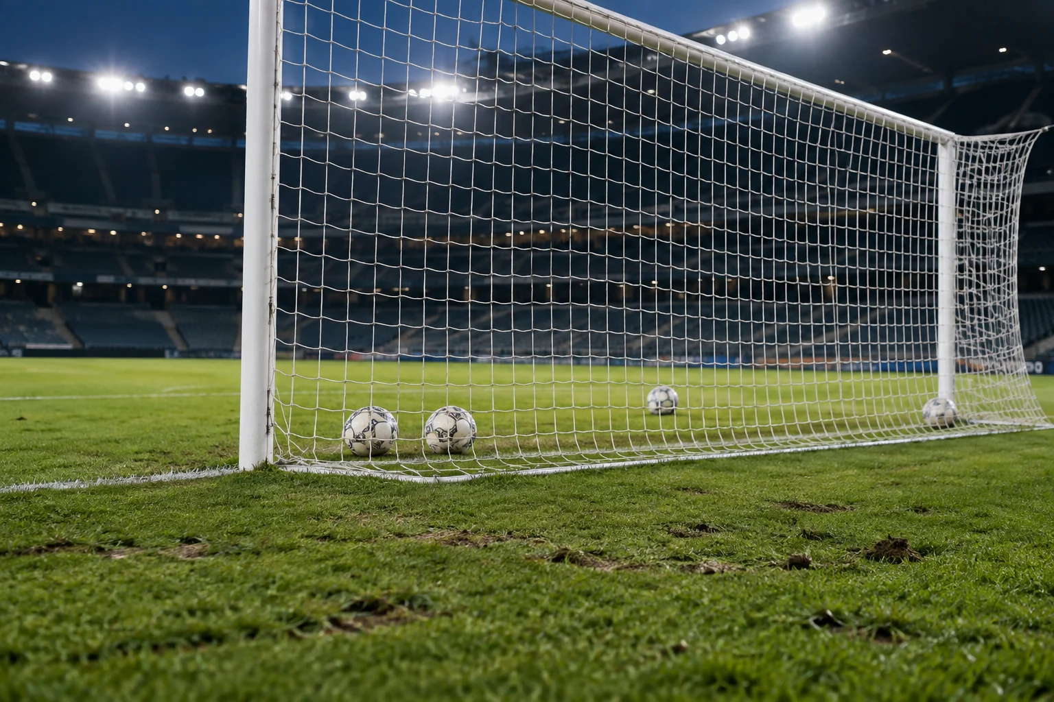 Several footballs rest inside the net of an empty professional goal under cool stadium floodlights.