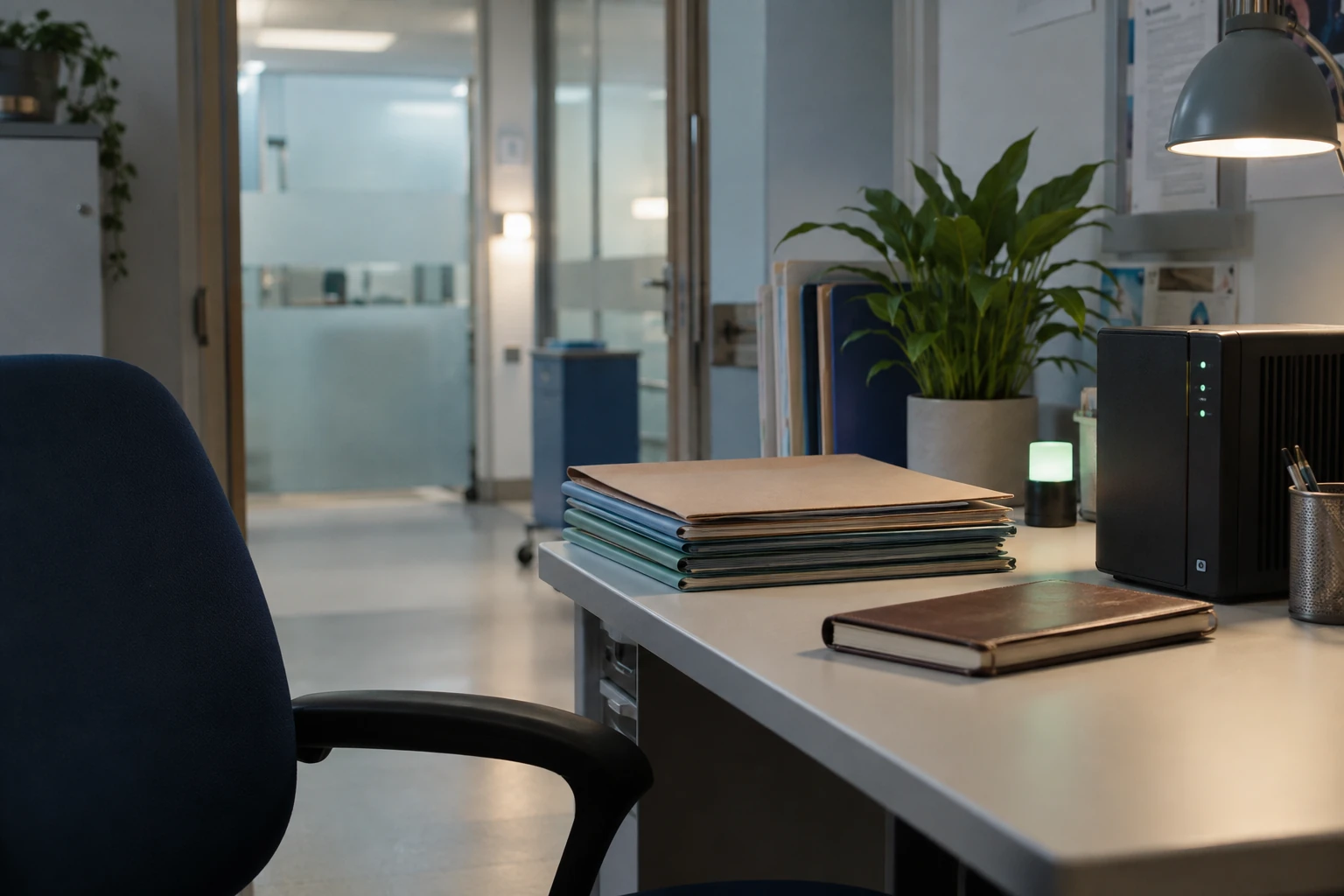 An empty hospital safety office has patient folders, a green status light and a compact server unit.