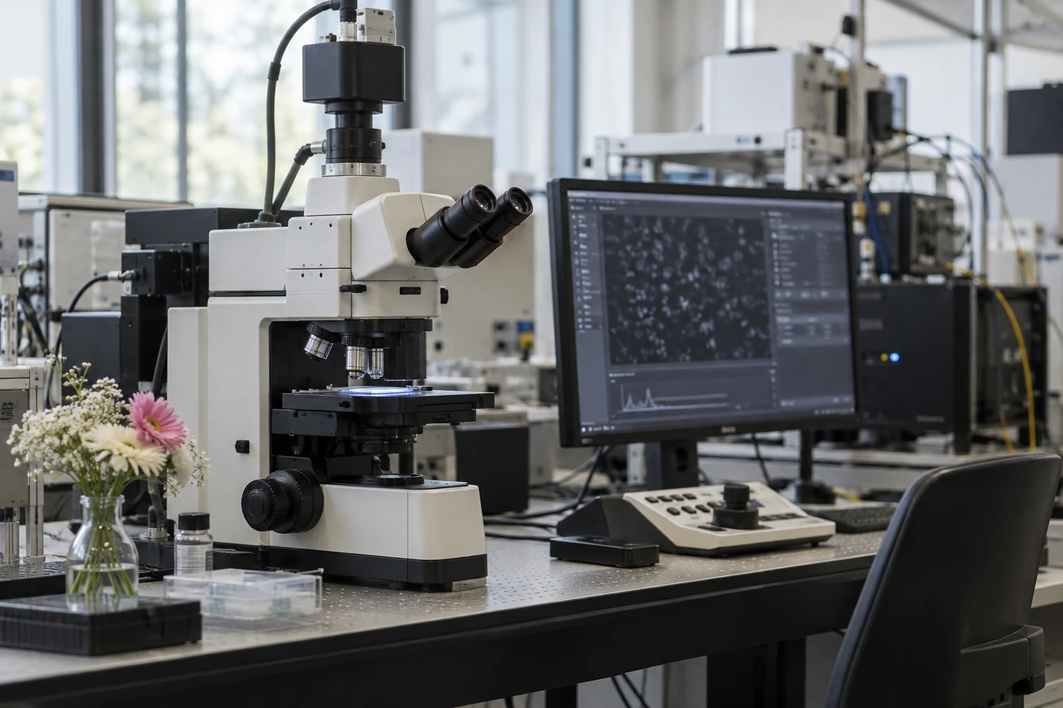 A research microscope stands beside a small vase of flowers in a bright shared science laboratory.
