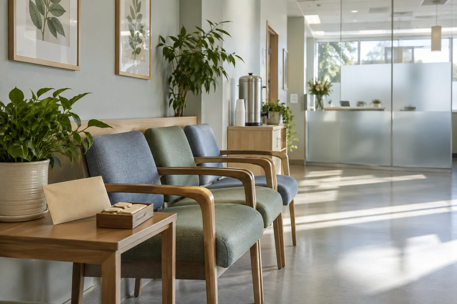 An empty primary care waiting room has a short line of chairs, a hydration station and a wellness information envelope.