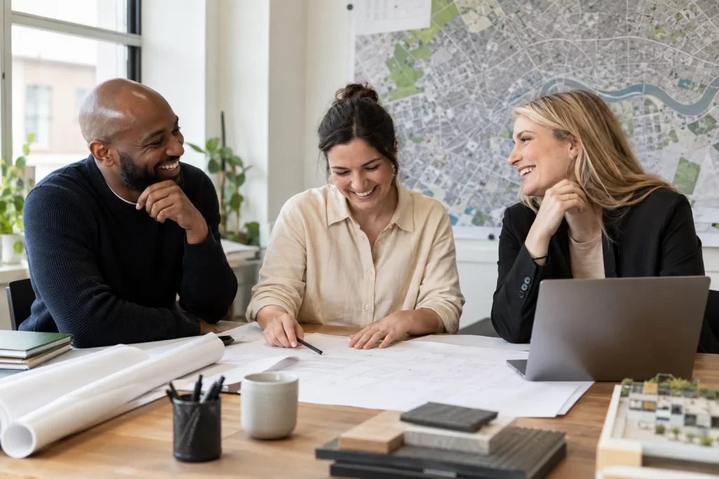 Three adult planning professionals laugh over unmarked site drawings in a bright office.
