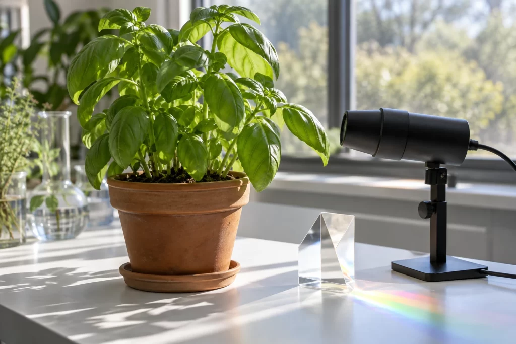 A basil plant stands beside an optical sensor and glass prism in a bright botanical research workspace.