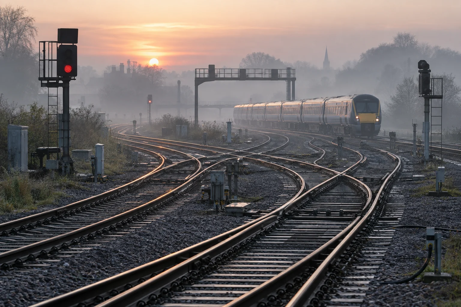 A passenger train approaches a complex rail junction at dawn through light mist.