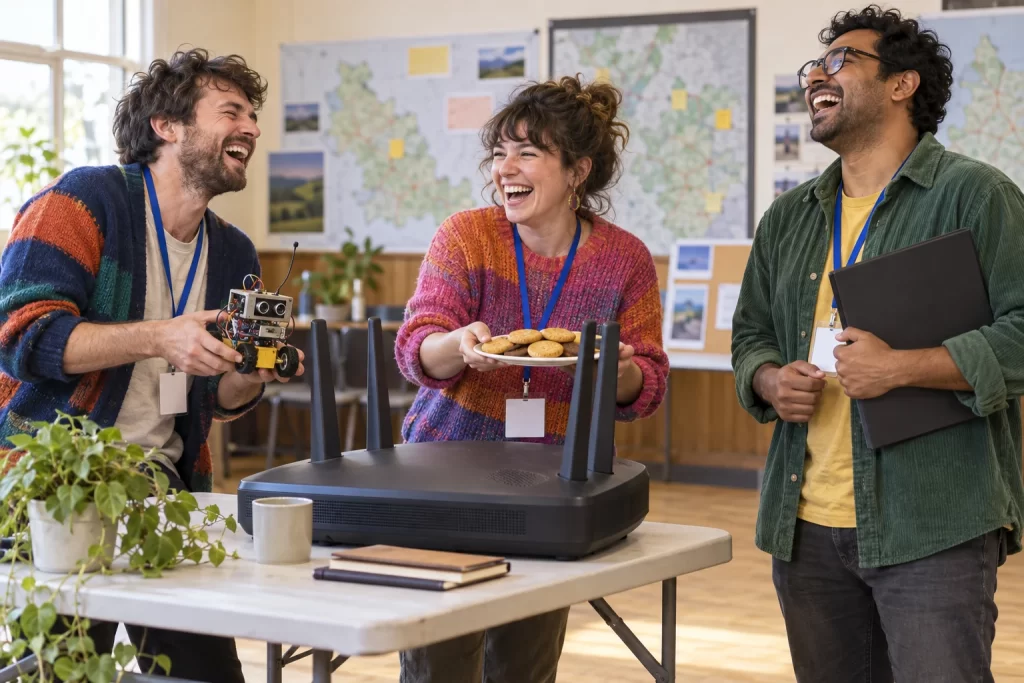 Three fictional technology founders laugh beside a tiny homemade robot, biscuits and a large plain router at a networking table.