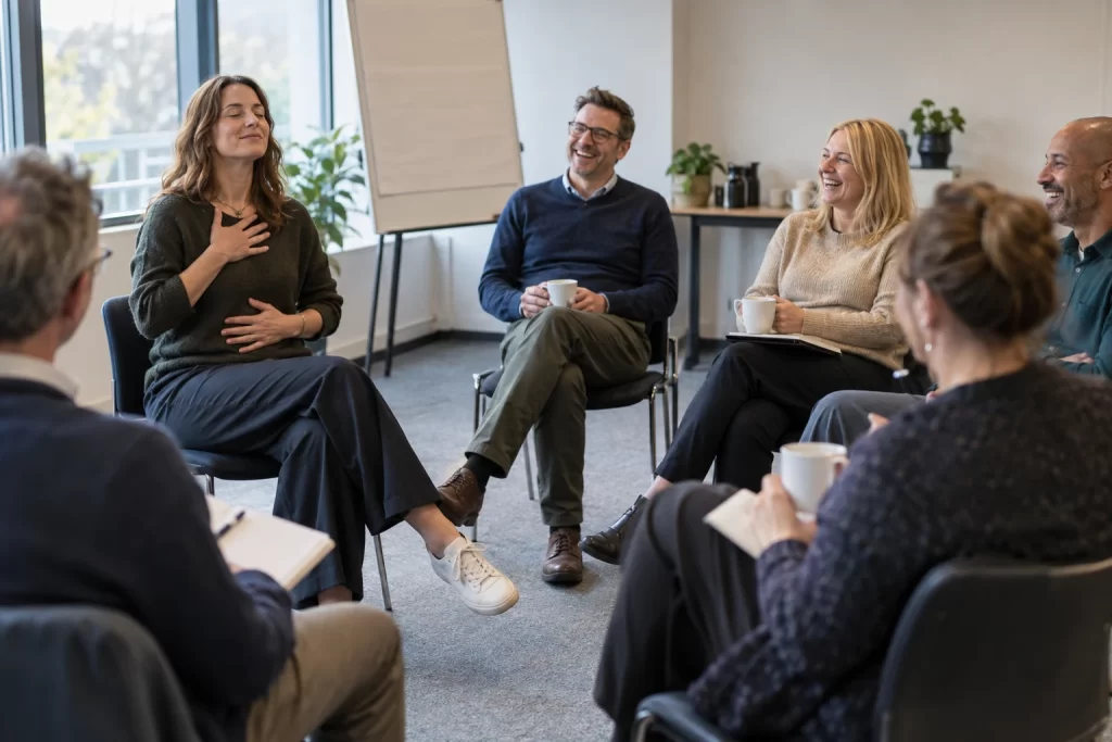 Workplace training participants laughing during a calm breathing exercise
