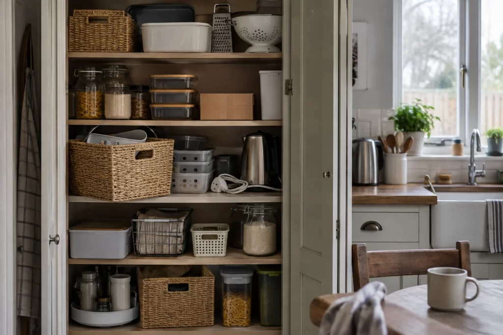 An open kitchen cupboard is filled with plain baskets organisers and household supplies.