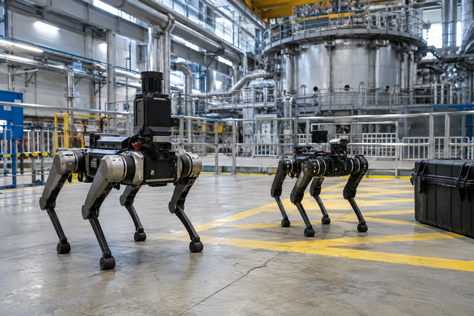 Two industrial inspection robots stand in a clean fusion research test hall.
