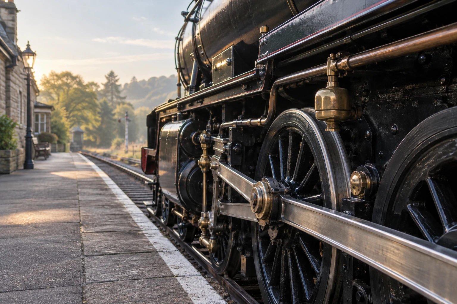 Polished rods and large wheels of a restored black steam locomotive rest beside an empty heritage platform.