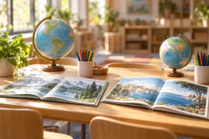 Two open wordless picture books, pencils and globes sit on a sunlit school library table.