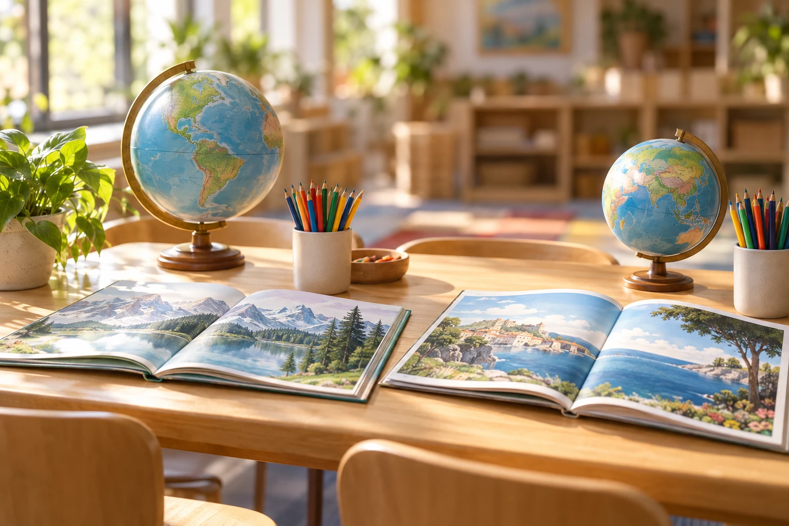 Two open wordless picture books, pencils and globes sit on a sunlit school library table.