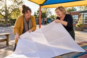Original editorial photograph of two laughing school staff folding a blank oversized timetable in an empty playground for school suspensions guidance