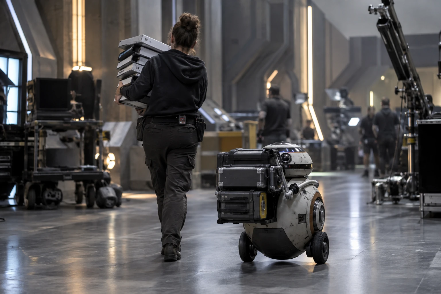An original service robot follows a production assistant carrying unmarked script binders across a science fiction film set.