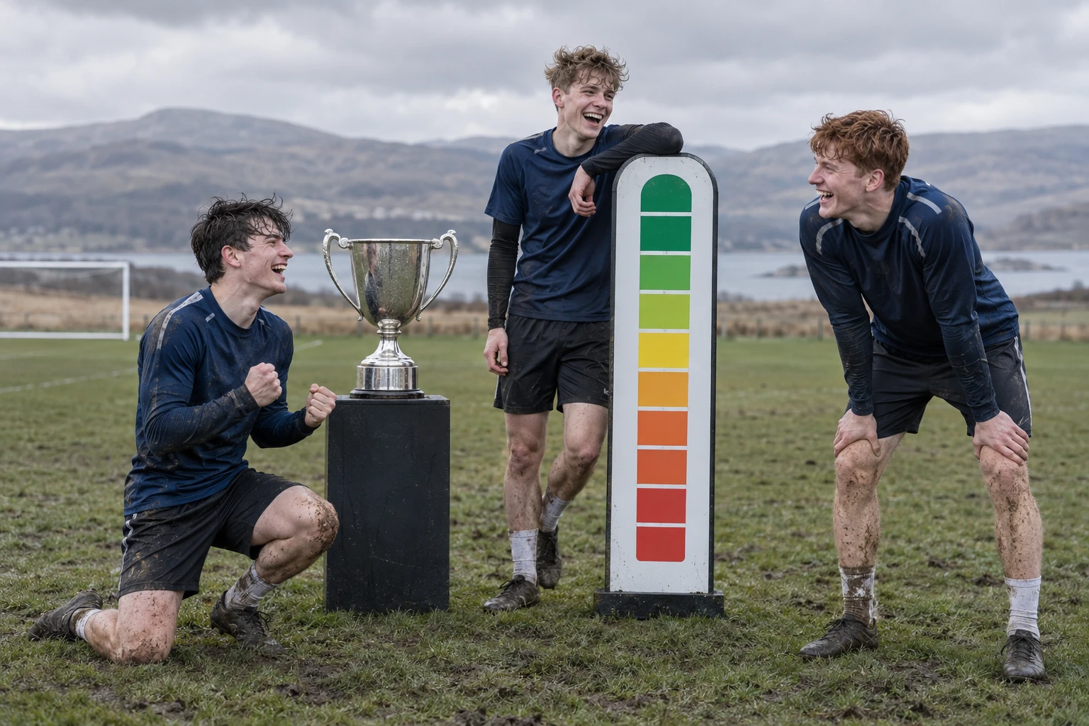 Three laughing young football players stand beside a plain trophy and a blank coloured optimism meter on a muddy pitch.