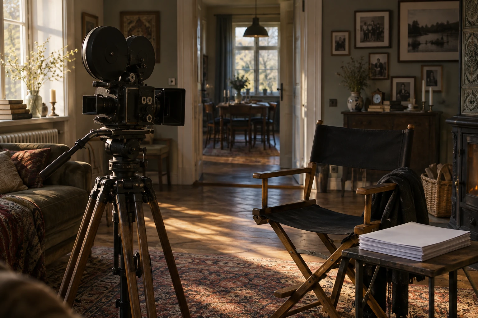 A vintage film camera and directors chair wait in a warmly lit family home.