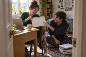 Two laughing students at fictional student finance application deadline 2026 study scene