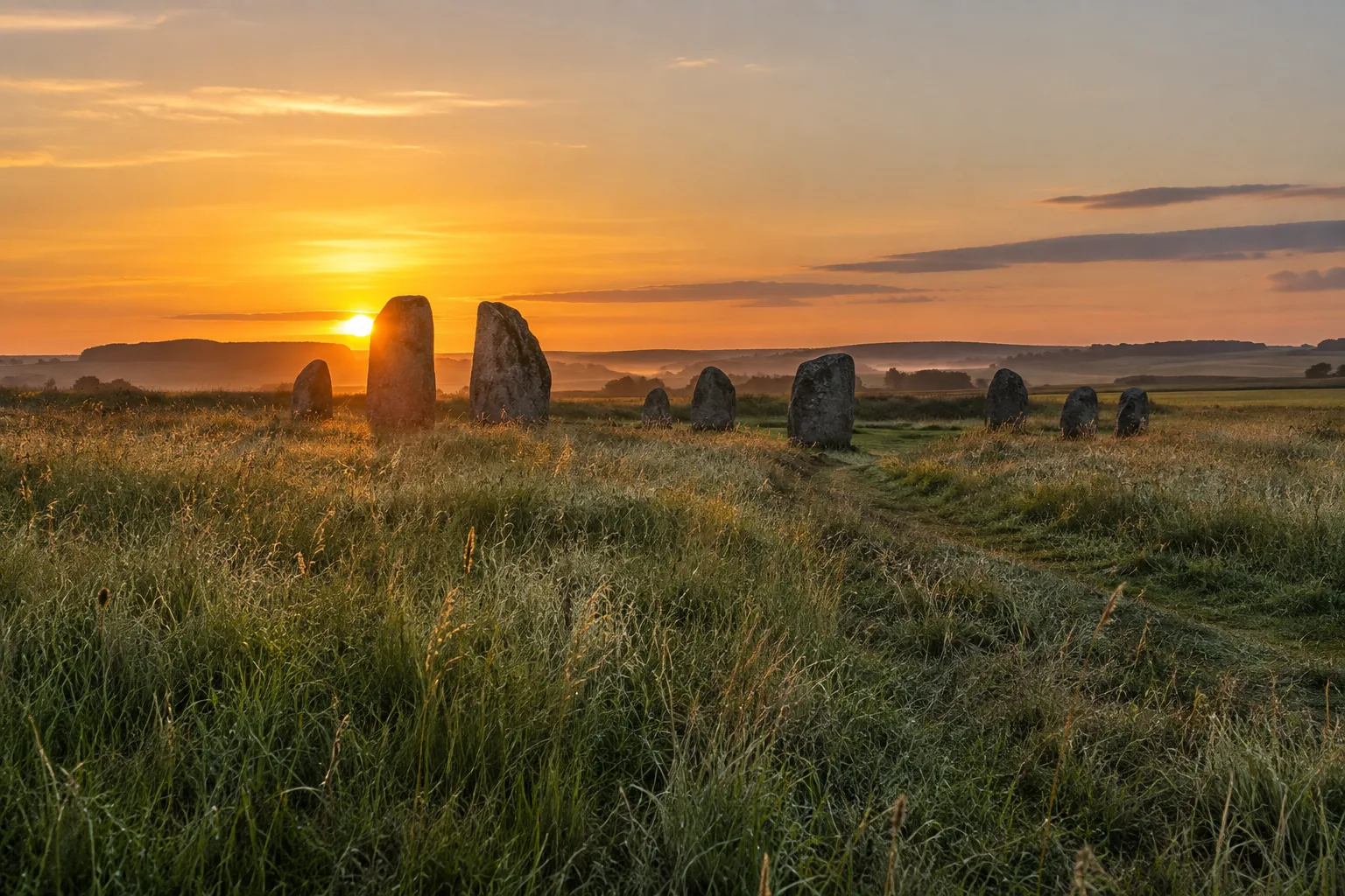 Sunrise shines through a distant ancient stone circle above a dewy English grassland on the longest day.