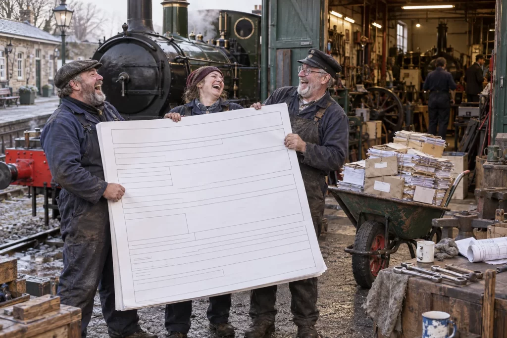 Three fictional adult railway volunteers laugh beside a heritage steam locomotive while an oversized grant application blocks a workshop entrance.