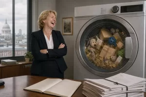 Staged satirical illustration for Pet Shop Closes After Accountants Fail To Establish Whether £6.3m Was For Dogs Or Money Laundering