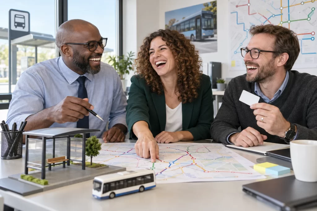 Three clearly laughing fictional adult planners discuss a three pound bus fare cap beside a generic route map.