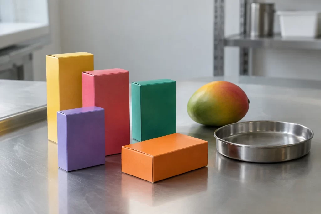 Unmarked brightly coloured cartons sit beside a mango and a steel dish in a public health workspace.