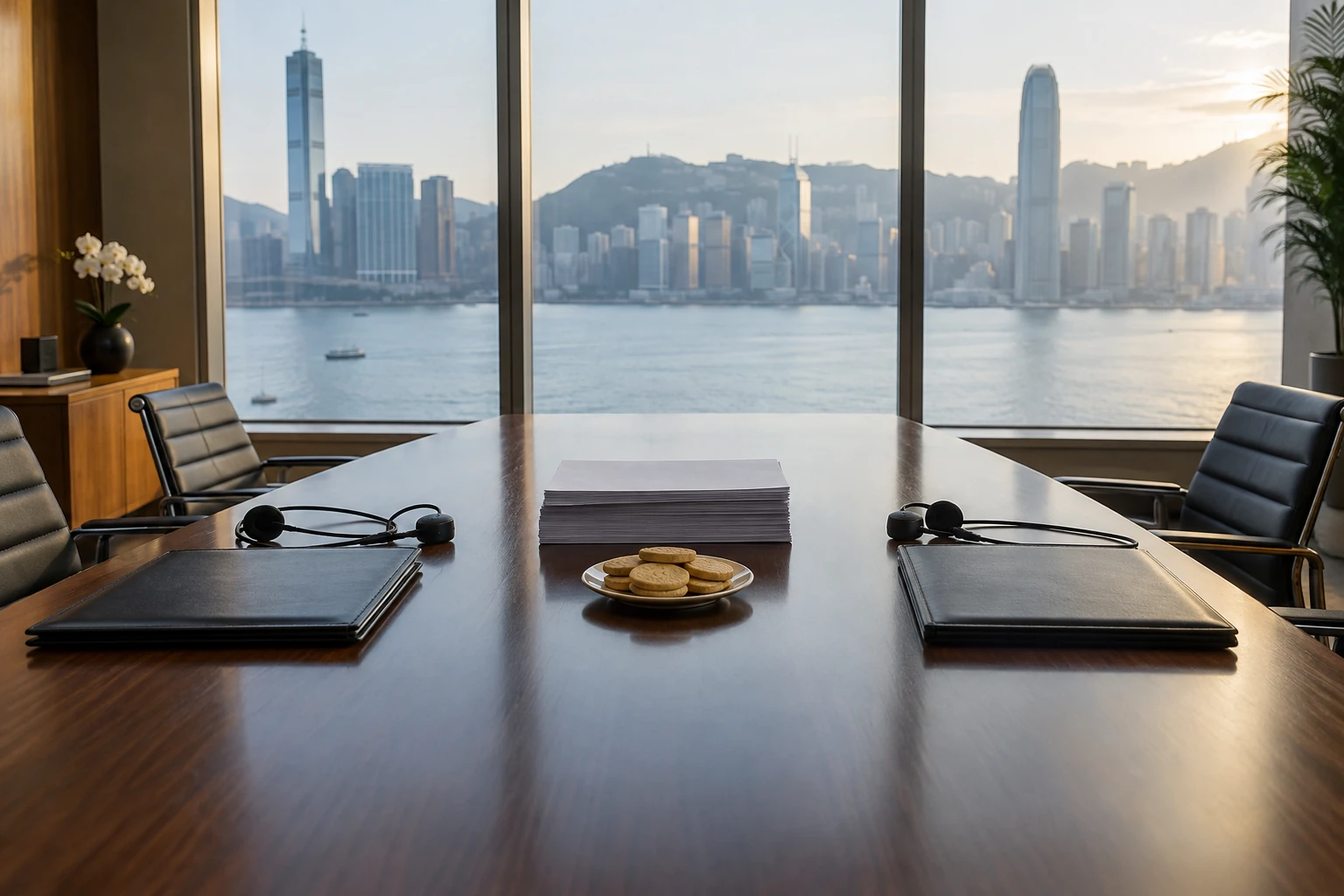An empty international trade meeting table has folders, translation headsets, briefing papers and a plate of biscuits.
