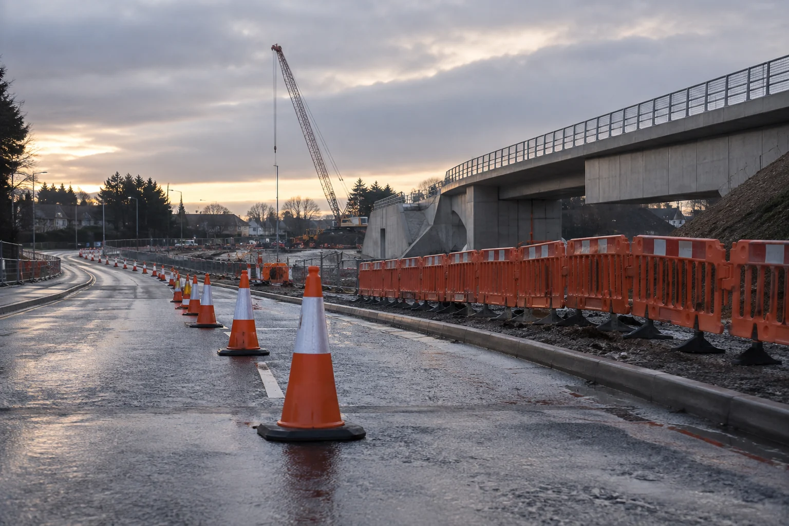 A long line of orange traffic cones and temporary barriers leads past wet roadworks and a new rail bridge at dawn.