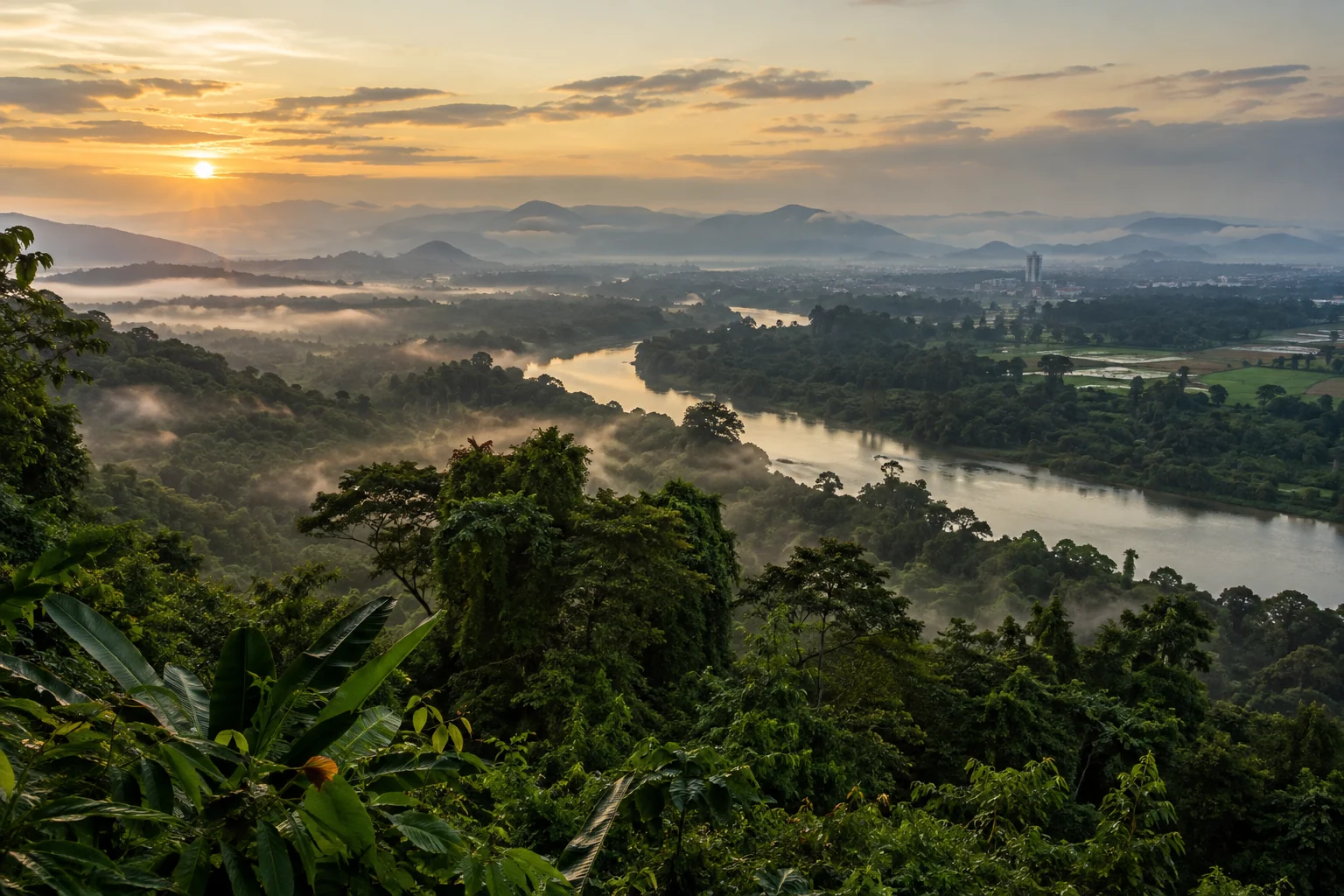 A tropical forest canopy and river stretch toward a misty city edge at sunrise.