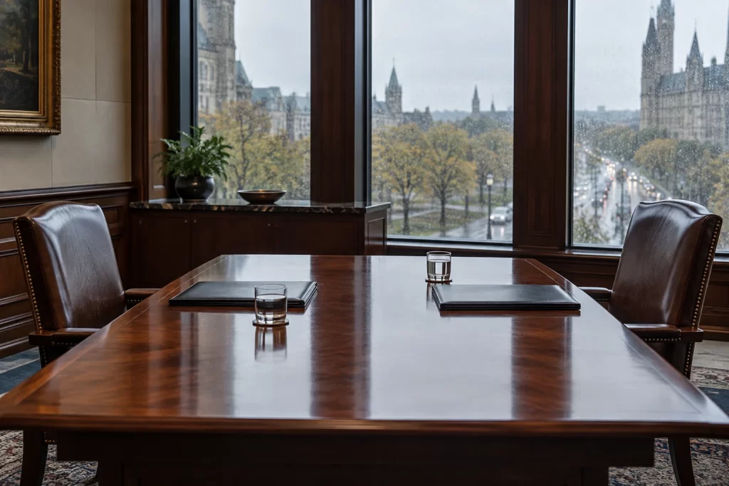 Two empty leather chairs face one another across a meeting table with plain folders and water glasses on a rainy day.