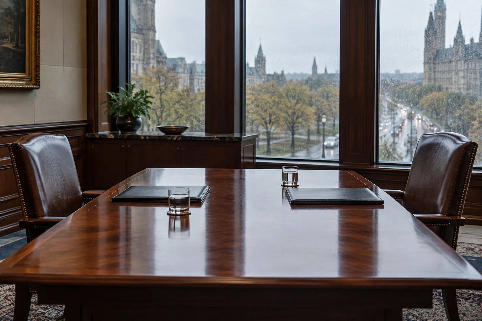 Two empty leather chairs face one another across a meeting table with plain folders and water glasses on a rainy day.
