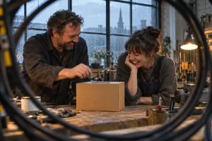 Original editorial photograph of two laughing adults beside a blank suggestion box in a rainy innovation workshop for the UKDI Security Open Call