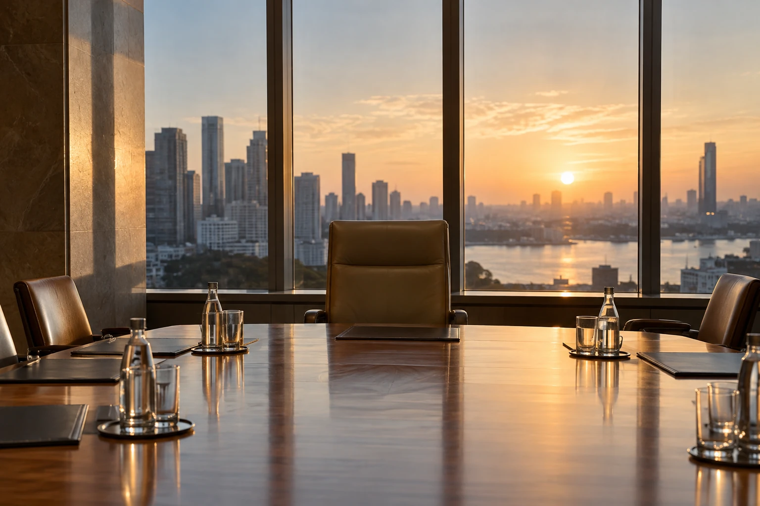 A quiet formal conference room with an empty chair at a polished table at dawn.